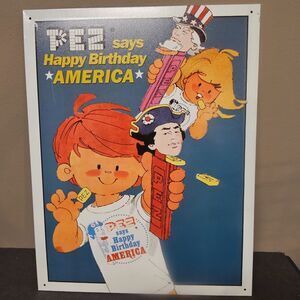 PEZ Happy Birthday America Metal Sign Vtg Style 16 x 12.5 Tin 2002